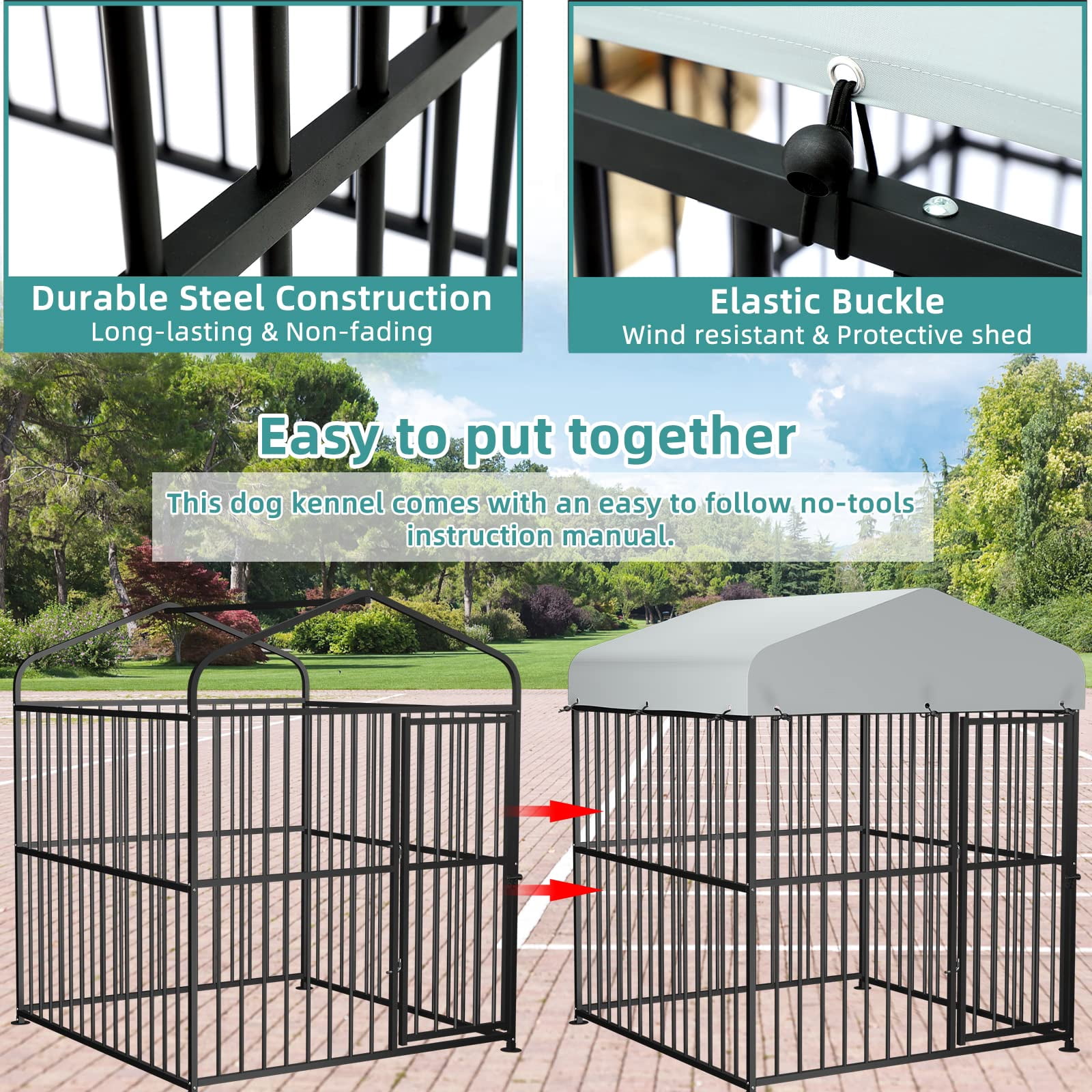 MEETWARM Large Outdoor Dog Kennel, Metal Heavy Duty Outdoor Indoor Pet Playpen, Anti-Rust Outdoor Dog Fence Dog Pens with Anti-UV & Waterproof Top Cover and Secure Lock for Backyard, 6'L x 6'W x 6'H