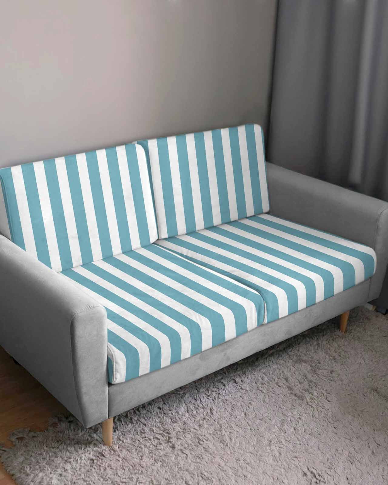 Aqua Striped Couch Cushion Covers,Stretch Seat Cushion Covers for Sectional Sofa,Modern Farmhouse Blue White Stripes Individual Sofa&nbsp;Slipcovers Furniture Protector with Elastic&Straps 1Pcs,S