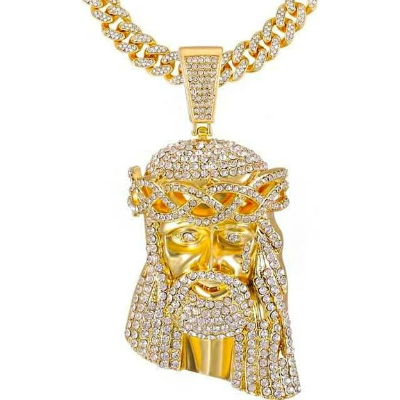 Hip Hop Gold Plated Large Holy Jesus Head Cubic Zirconia Pendant & 13mm 20" Iced Cuban Chain Bling Necklace Set
