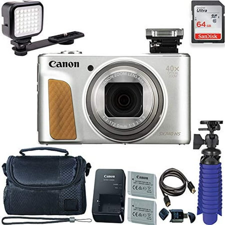 Canon PowerShot SX740 HS Digital Camera (Silver) with 64 GB Card + LED Compact On-Camera Light + Premium Camera Case + 2 Batteries +