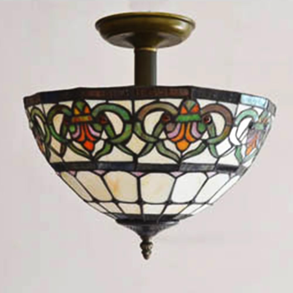 Kiven 13.8in Plug-in Flush Mount Ceiling Light Fixture, 3-Light Anti Glare Close to Ceiling Light with 15FT Cord, Tiffany-Style Glass Chandelier Dimmable for Bedroom Kitchen Hallway(No.3209)