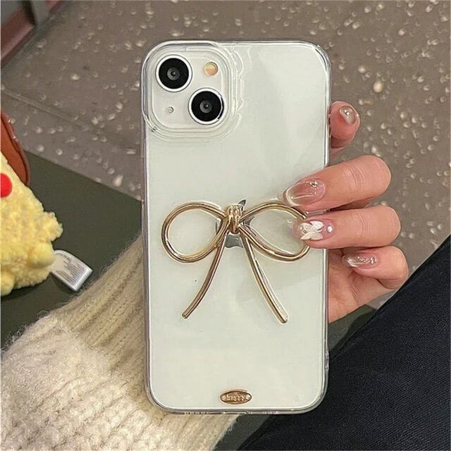 Elegant 3D Big Metal Bowknot Phone Case For iPhone 15 14 13 12 ProMax 11 Simple Cute Epoxy Clear Shockproof Cover For Gift Shell ZR