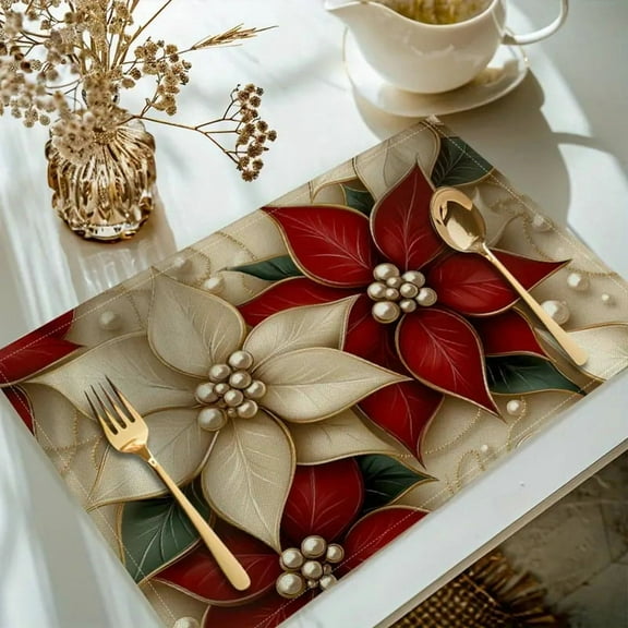 4pcs Vibrant Modern Christmas Theme Placemats Set Linen Material Easy to Clean, Suitable for Holiday Kitchen Dining Decor, Festive Party Table Decoration Home Décor