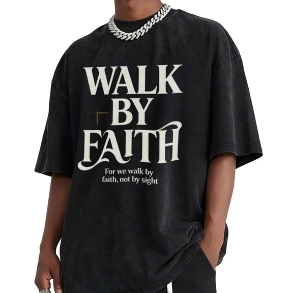 USPEED Walk By Faith Bible Quote Oversized Men's T-Shirt, Vintage Washed Faith-Based Short Sleeve Crewneck Tee, Trendy Streetwear Top for Religious Casual Daily Outfits