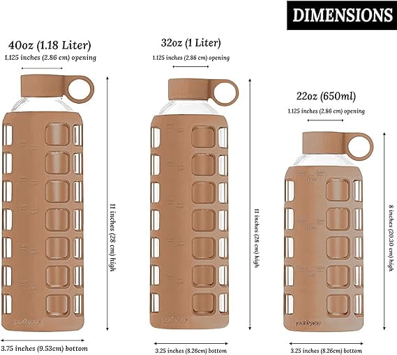 purifyou Borosilicate Glass Water Bottles, 40/32/22/12 oz Reusable Drinking Bottle with Time & Volume Markings Silicone Sleeve & Stainless Steel (40oz Iced Coffee)