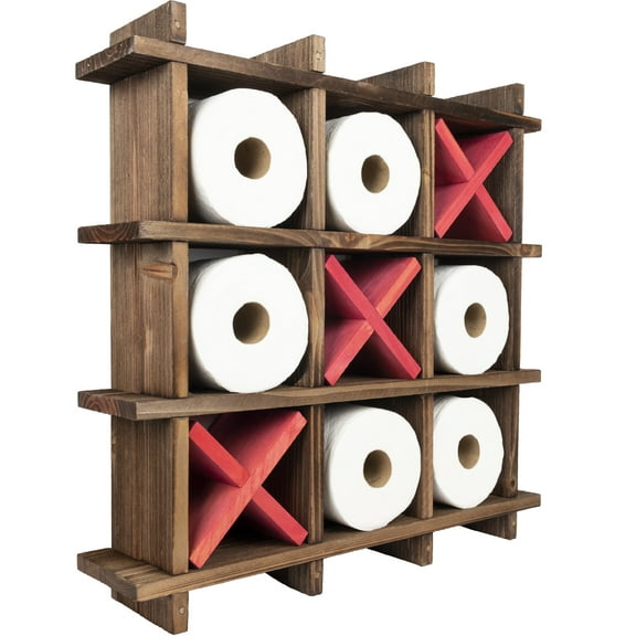 Excello Global Products Rustic Wooden Toilet Paper Holder: Tic Tac Toe Design for Wall Mounted or Freestanding Bathroom Tissue Roll Storage Organizer - EGP-HD-0162-OS