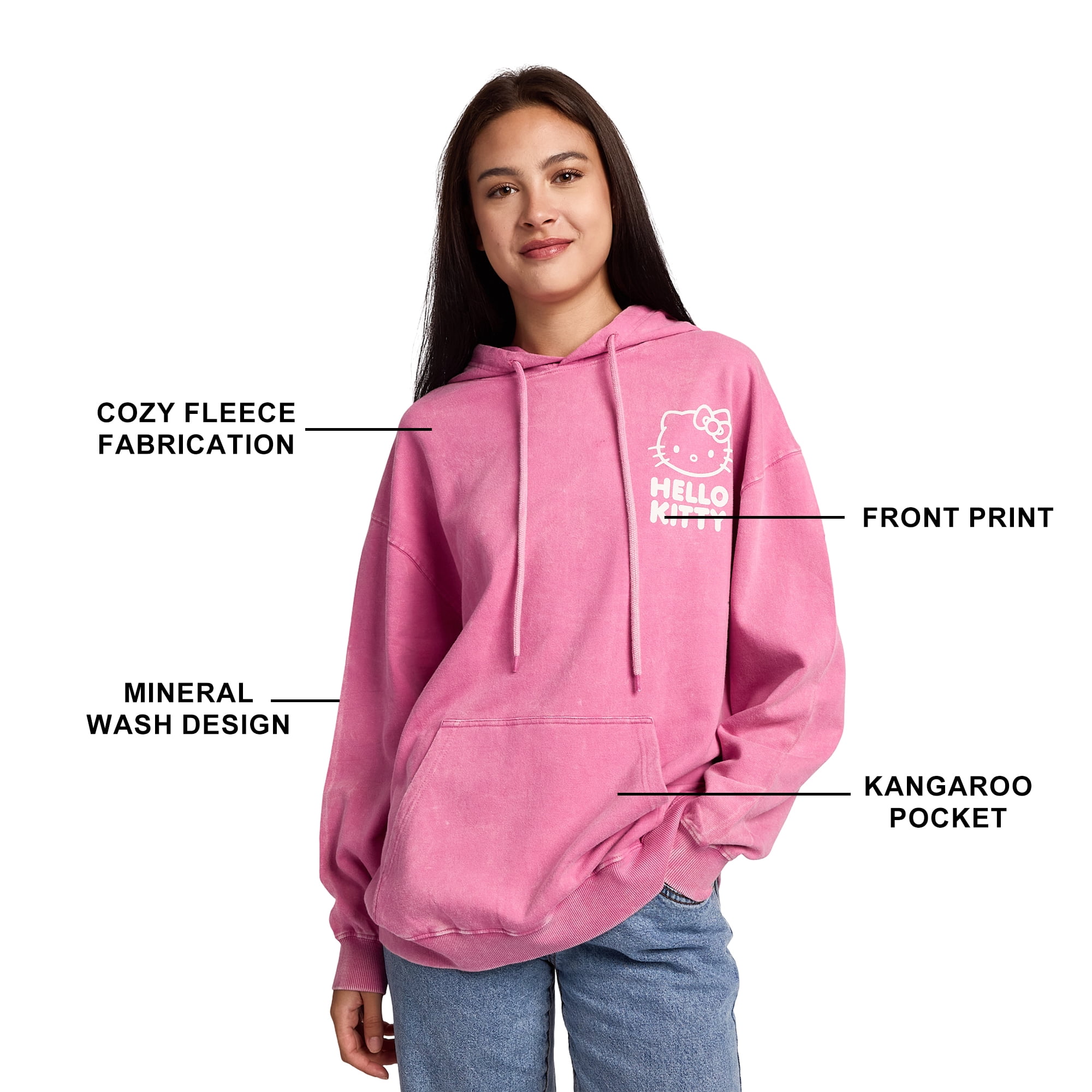 Hello Kitty & Bows Line Art Women's Pink Mineral Wash Long Sleeve Fleece Hooded Sweatshirt-Small