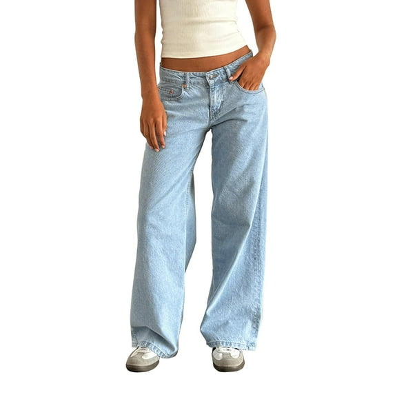 Women Y2k Low Rise Baggy Jeans Loose Fit Boyfriend Straight Wide Leg Jeans Trendy Stretch Long Denim Pants