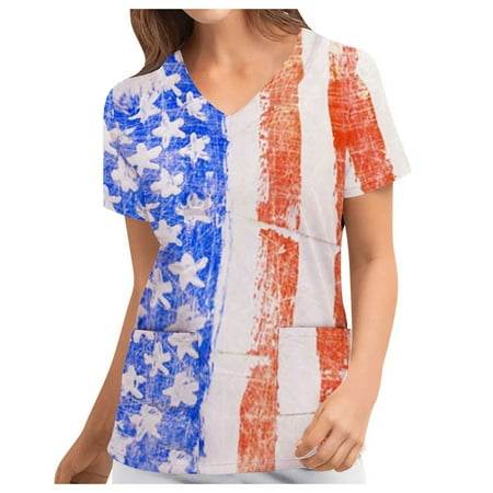 

Sksloeg Scrubs For Women Tops Independence Day Top Star Stripe Printed Color Block Patriotic Workwear With Pockets Short Sleeve Nursing Working Uniform White XL