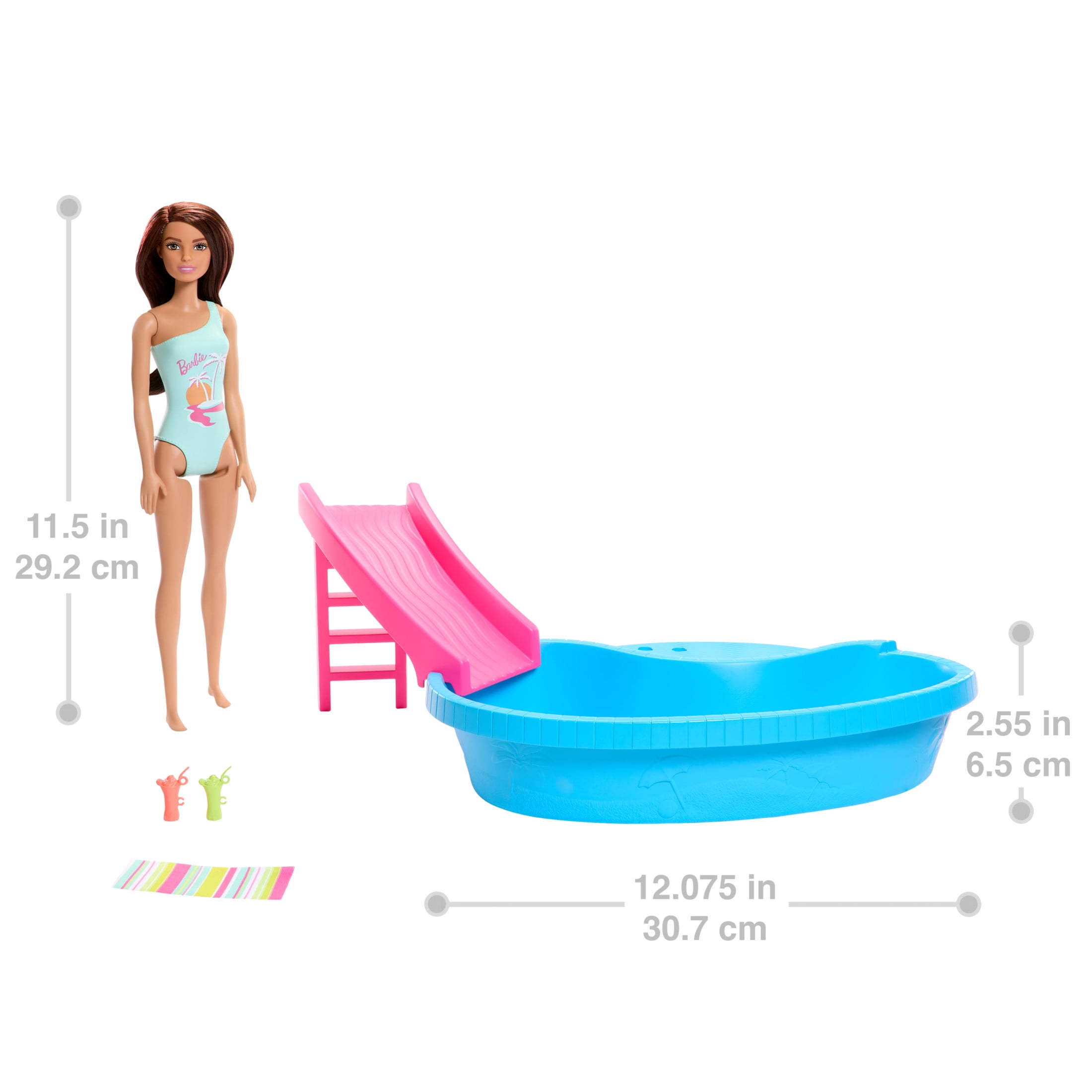 Barbie Doll and Pool Playset, Brunette with Pool, Slide, Towel and Drink Accessories
