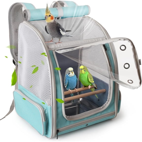 Bird Backpack Carrier Cage, Front Zipper Opening Portable Bird Travel Bag with Standing Perches and Tray, Vented Carry Transport Carrier for Parakeet, Budgie, Conure, Cockatiel, Parrot