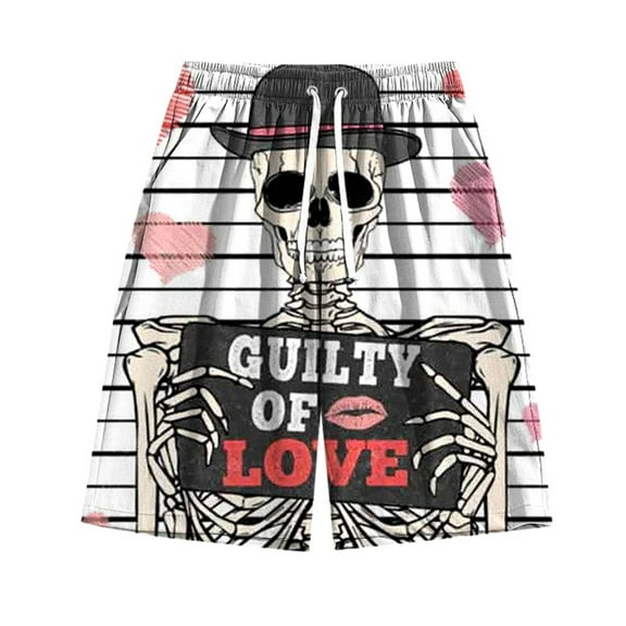 FAOWME Men Halloween Shorts With Pocket Drawstring Elastic Waist Skeleton Print Wide Leg Loose Fit Shorts For Casual Daily Wear,Grey,L