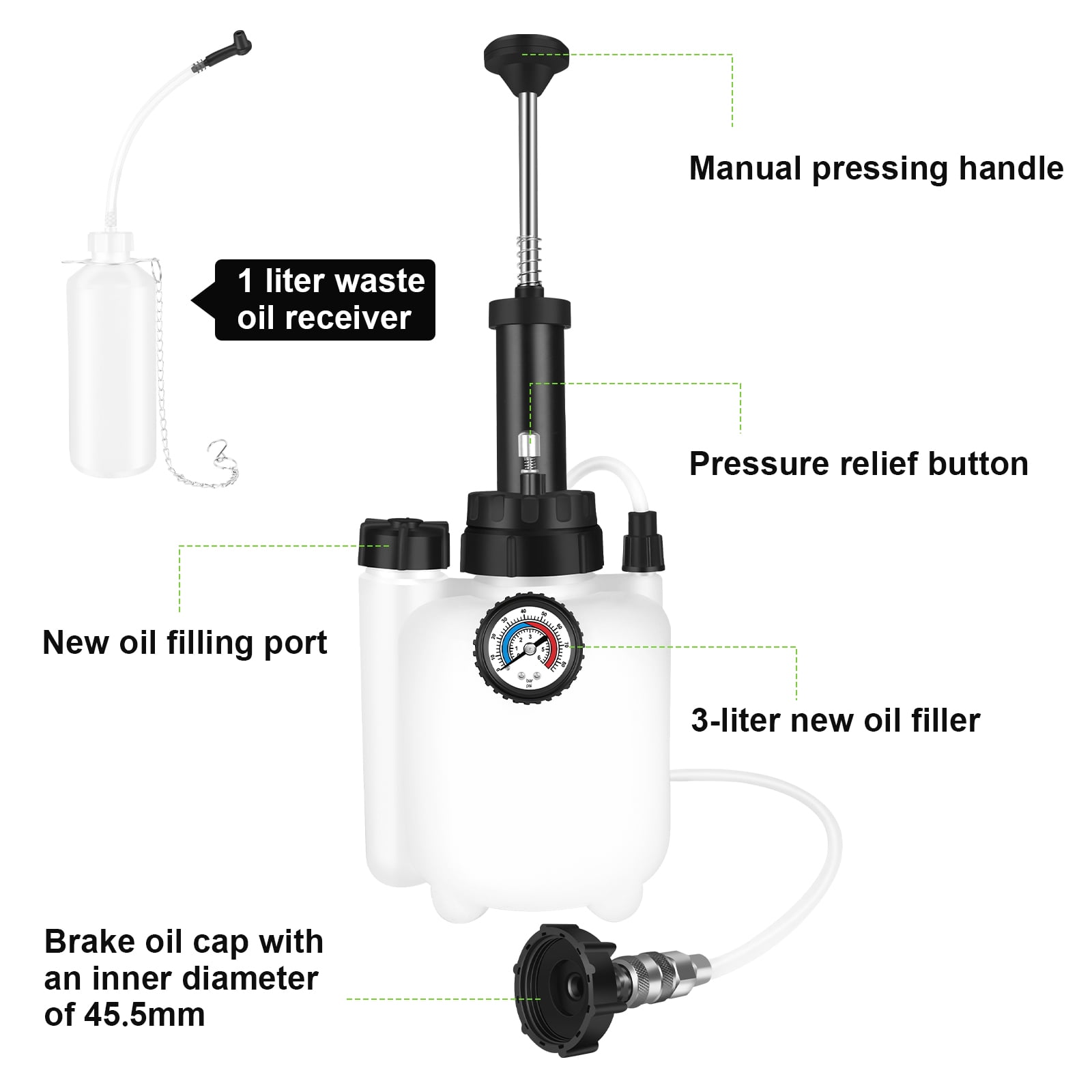 3L Brake Fluid Bleeder Kit w/ 1L Catch Bottle, Pressure Brake Bleeding Tool, Manual Power Bleeder Pump for Flush Brakes and Clutch System, Upgraded Adapters (43.5/45/49.5/50.7mm) for Master Cylinders