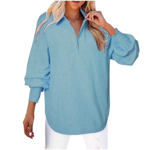 Inleife Women 2025 Fine Striped Smocked Cuffed Shirts Long Sleeve Collared Blouse With Pocket