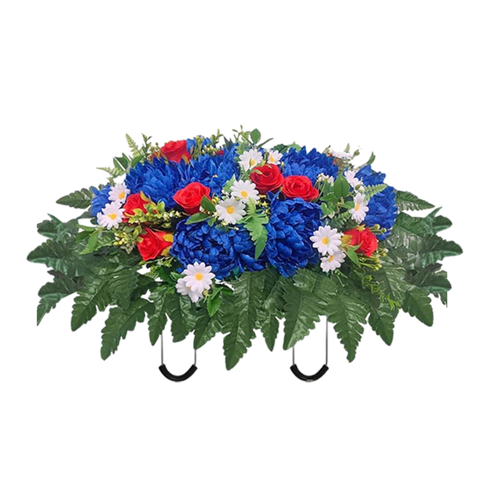 Headstone Flowers – Artificial Cemetery Flowers for Grave, Artificial Roses and Chrysanthemums Mixed - Easy to Install Cemetery Flowers for Grave Saddle, Blue,.Red and White
