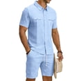 thumbnail image 2 of Men'S Short Sleeve Solid Color Workwear Button Down Shirt With Multiple Pockets And Cargo Shorts Set For Summer Casual Wear,Light Blue,M, 2 of 6