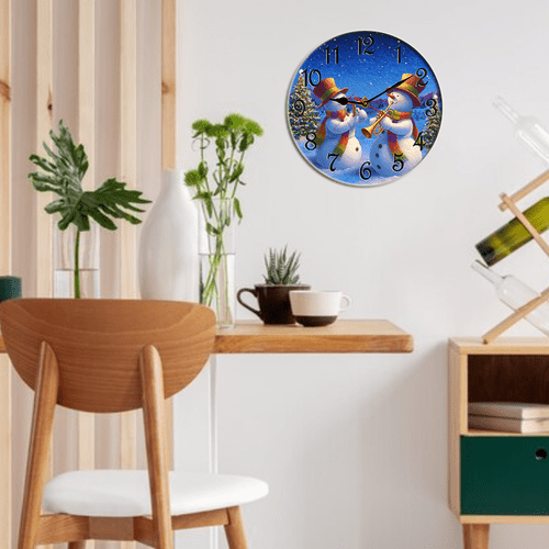 Kurmntregon Christmas Wall Clock Happy Snowmen Play Musical Winter Xmas Holiday Wooden Silent Non Ticking Decorative Clock For Living Room, Kitchen, Home,Bathroom, Bedroom, Office Or School Round 10"