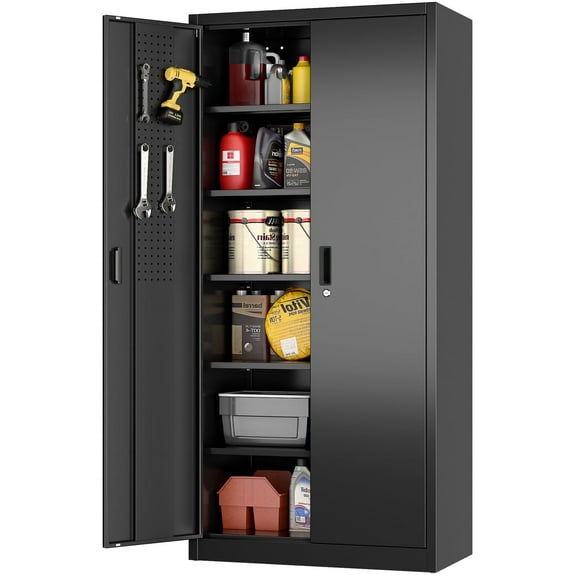 GANGMEI 72 Inches Tall Metal Garage Storage Cabinets with 5 Adjustable Shelves, Lockable Steel Black Storage Cabinet with Doors for Office, Home, School, Shops, Garage, Assembly required