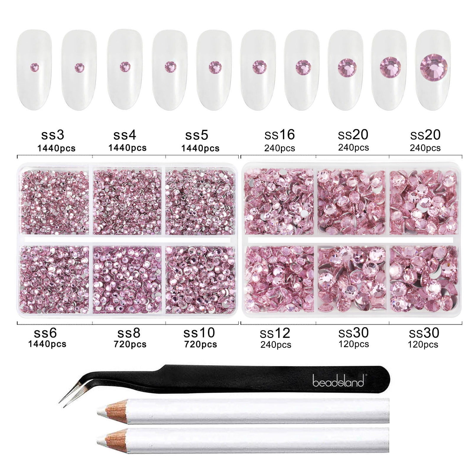 Beadsland 8300PCS Flatback Rhinestones 10 Sizes with Wax Pencil and Tweezer Kit, SS3-SS30, Light Rose/Light Pink