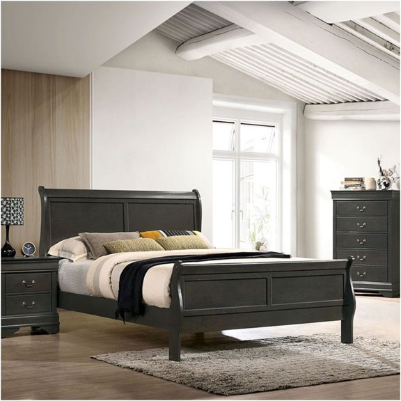 JERFIT Queen Sleigh Bed Frame Solid Wood Modern Platform Bed with Bracket Feet, Gray