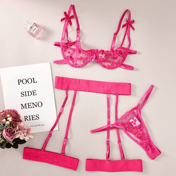 Conjunto de lencería sexy de tres piezas con perspectiva de malla bordada con encaje popular europeo y americano para niñas