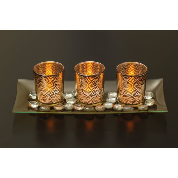 Decorative Glass Candle Holder Set with LED Tealights, Ornamental Glass
