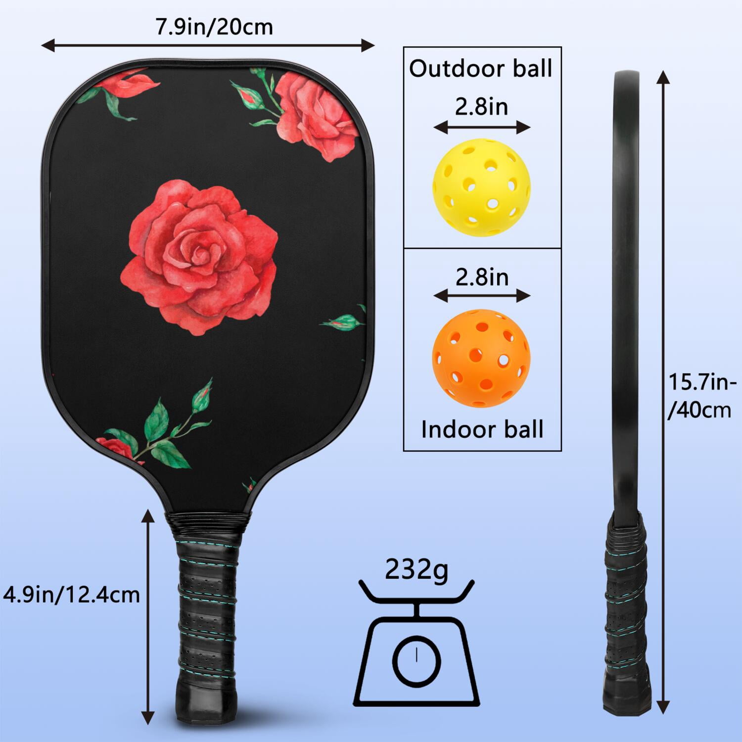 Pickleball Paddles Set Of 1, Fiberglass Surface, Rose Flowers Print, 1 Paddle, 2 Balls & Bag