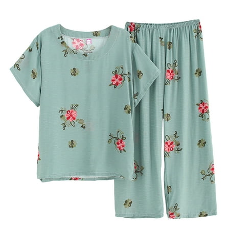 

2PCS Womens Pajama Set Floral Short Sleeve Night Pajamas Summer Top with Pants