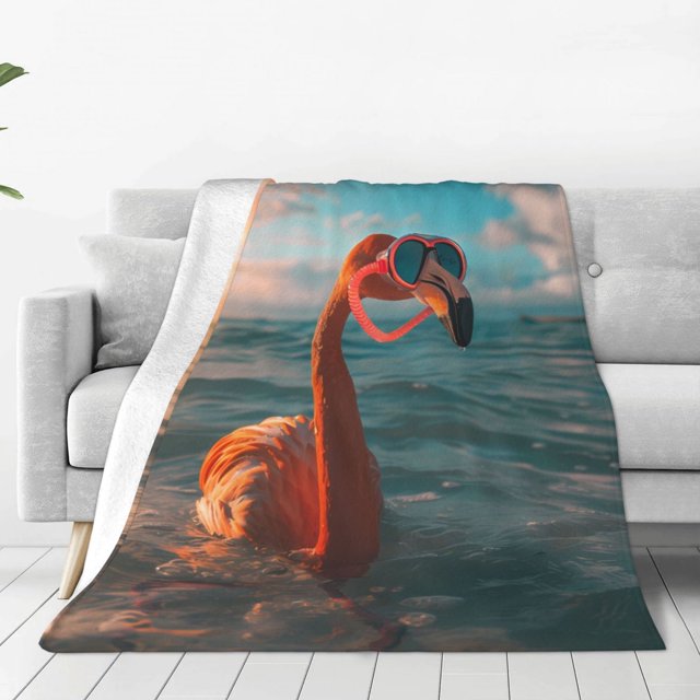 Fotbe Swimming Goggled Flamingo Manta de Franela Acolchonada con Estampado, Súper Suave y Esponjosa, Extra Grande para Sofá, Cama, Uso Todo el Año-40"x30"