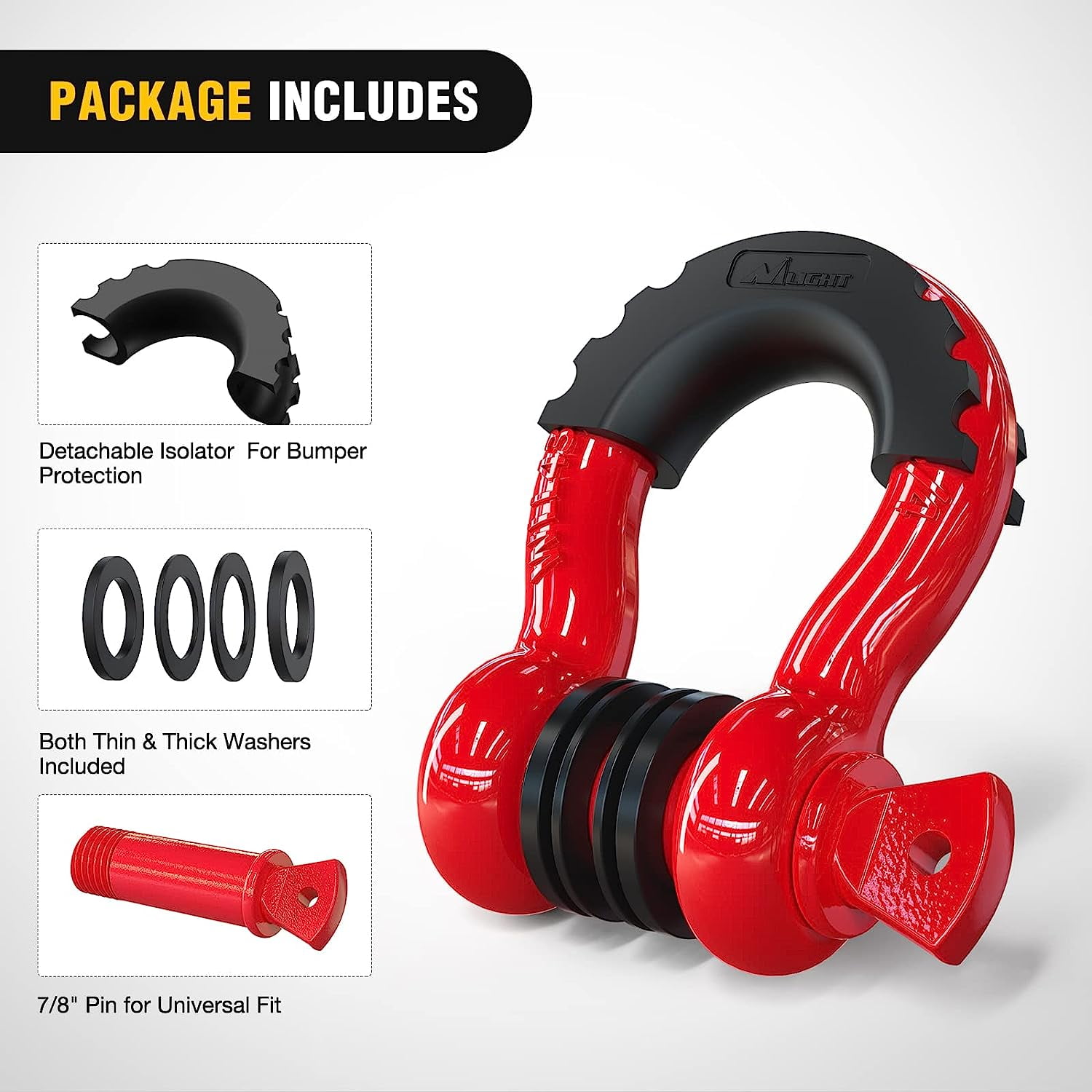 Nilight 2 Pack 3/4" D-Ring Shackle 4.75 Ton (9500 Lbs) Capacity with 7/8" Pin Heavy Duty Off Road Recovery Shackle with Isolators & Washer Kit for Jeep Truck Vehicle, Red