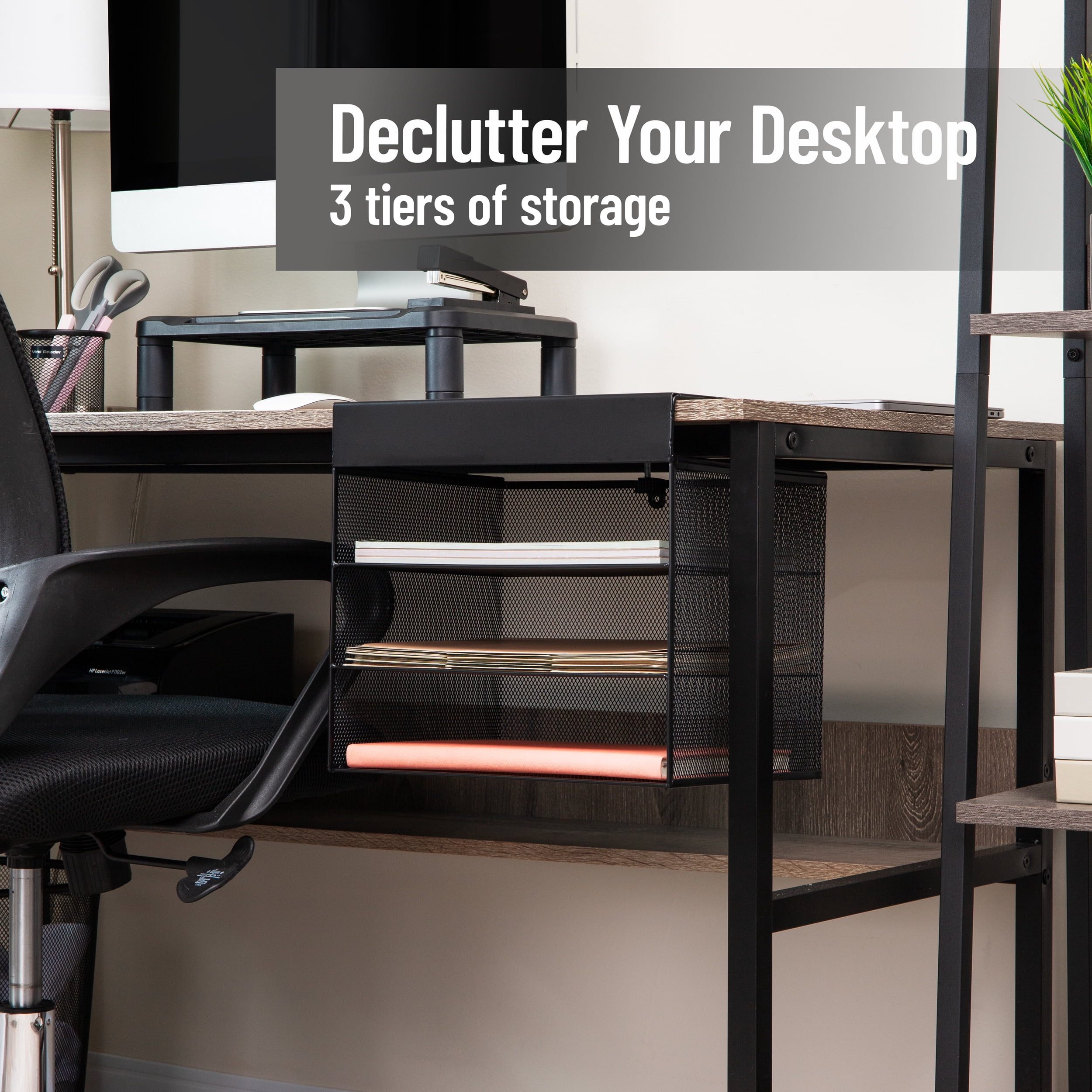 Mind Reader Slide-on Under Desk File Organizer, No Tools Required, Hanging Storage, Metal, Black