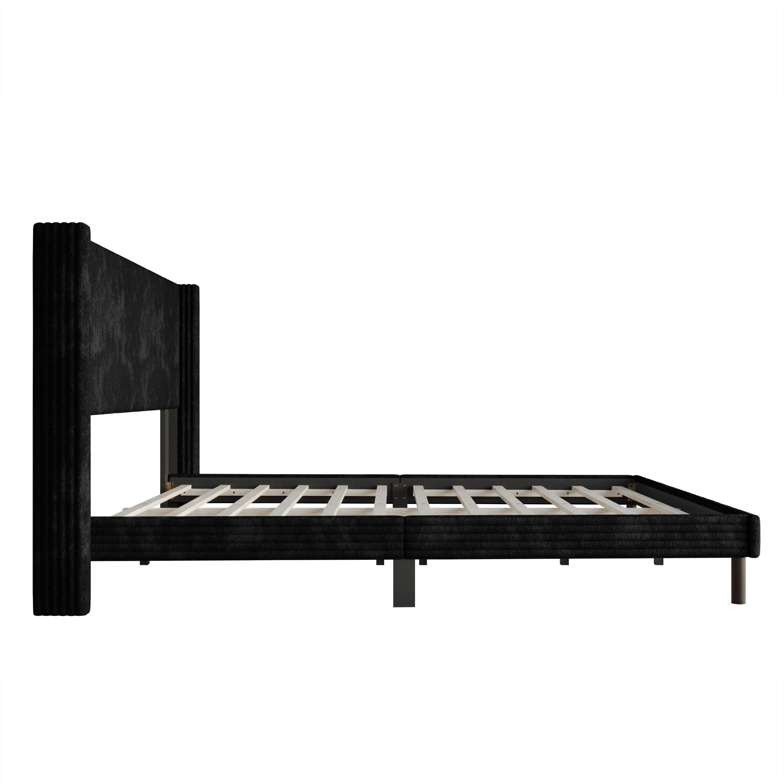 Home Design Duluth Queen Corduroy Velvet Upholstered Platform Bed Frame with Wingback Headboard & Button-Tufted Detail, Black, Easy Assembly