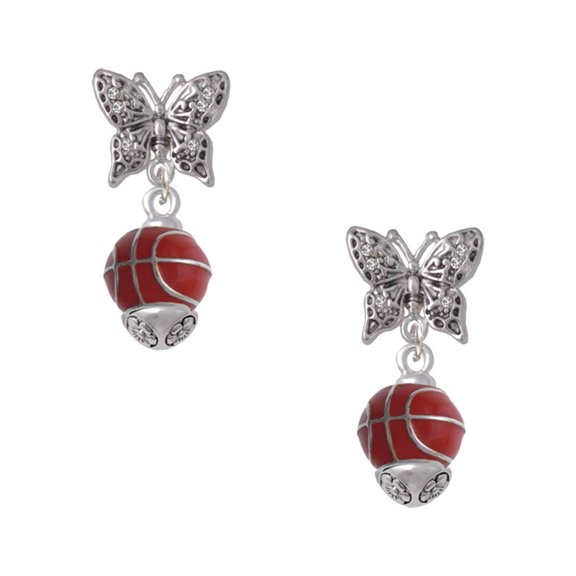 Delight Jewelry Silvertone 3-D Enamel Basketball Spinner Silvertone Antiqued Butterfly Post Earrings
