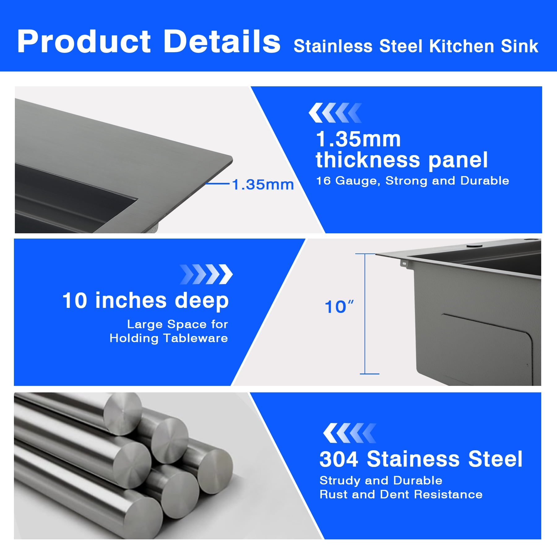VsusKoos Kitchen 33" Top-Mount Sink, 304 Stainless Steel Deep Basin, 16-Gauge Thickened, Includes Cutting Board/Drain Rack/Colander