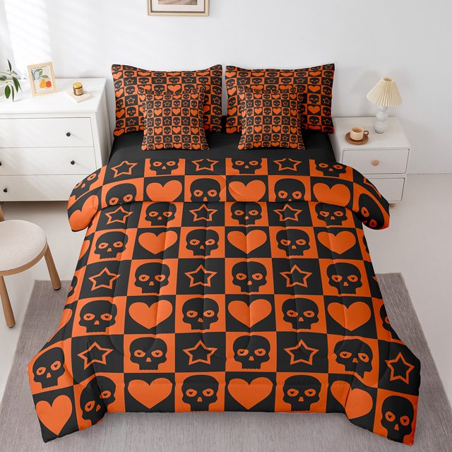 Erosebridal Skull Stars Bedding Sets Full Size, Sugar Gothic Bedding Full Size, Orange Patchwork Reversible Comforter Sets with Sheets, Microfiber Room Decor, 7 Pieces