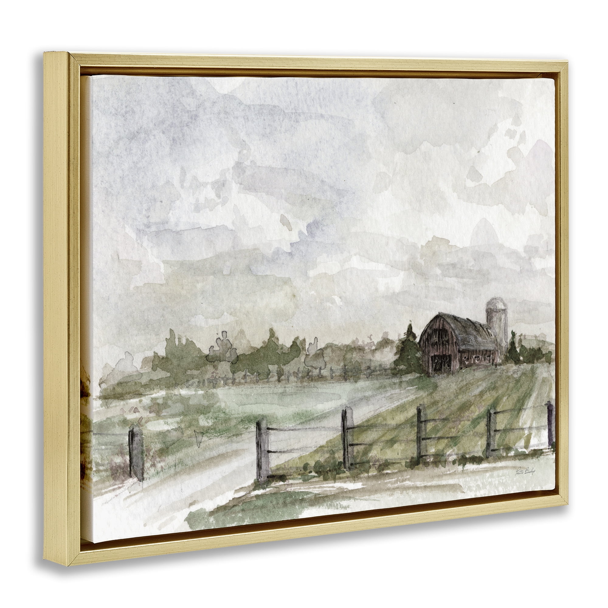 Stupell Industries Rustic Barn & Fence Landscape Painting Gold Floater Framed Canvas Art Print Wall Art, 31 x 25