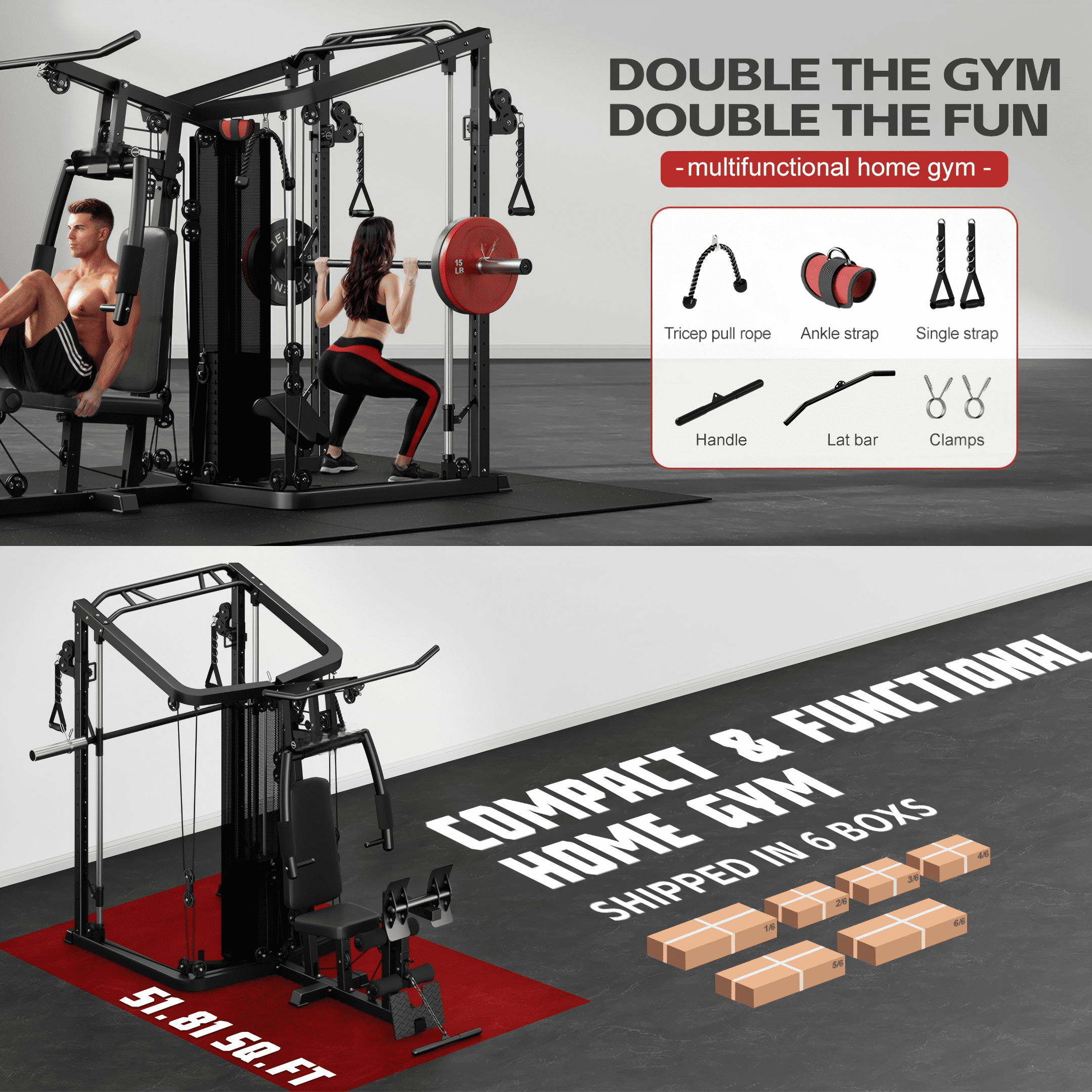 Smith Machine Power Cage, Multi-Function Home Gym System with 150LB Weight Stack,Cage, Multi-Function Home Gym System with Cable Crossover