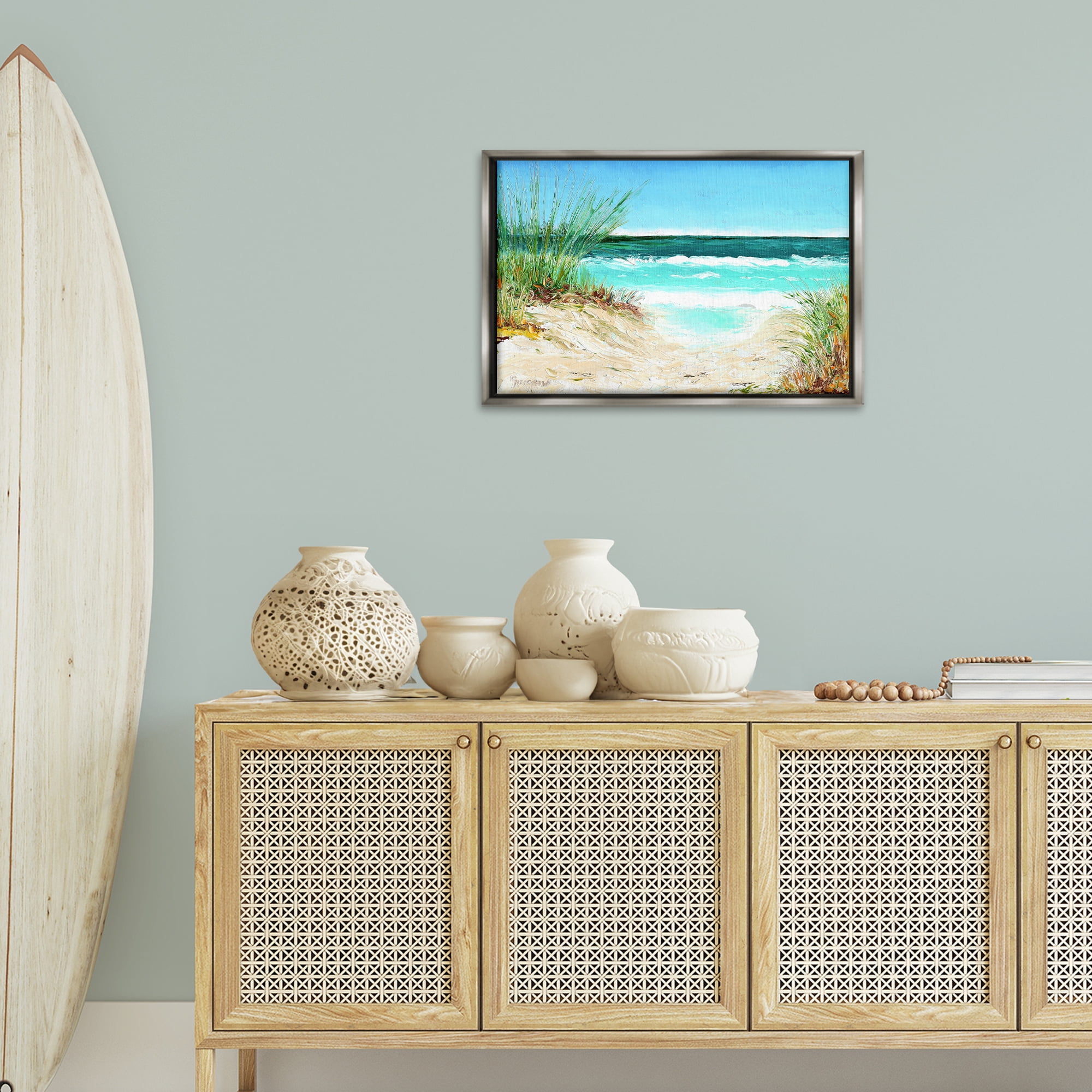 Stupell Industries Tropical Beach View Landscape & Nature Painting Gray Floater Framed Canvas Art Print Wall Art, 25 x 17