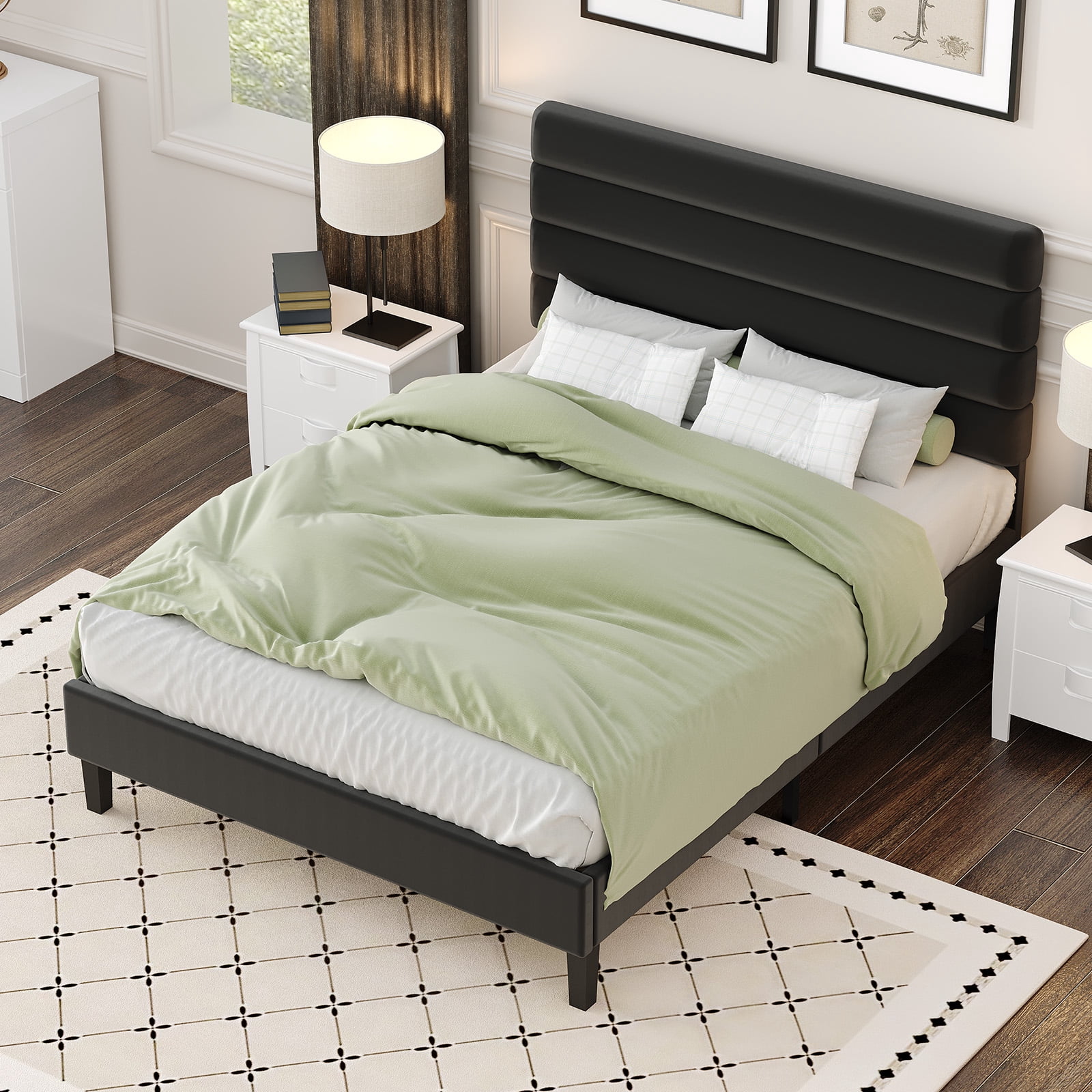4 EVER WINNER Queen Size Platform Bed Frame, Horizontal Stitched Black Velvet Upholstered Headboard, Solid Wooden Slat Support, Noise-Free, No Box Spring Needed