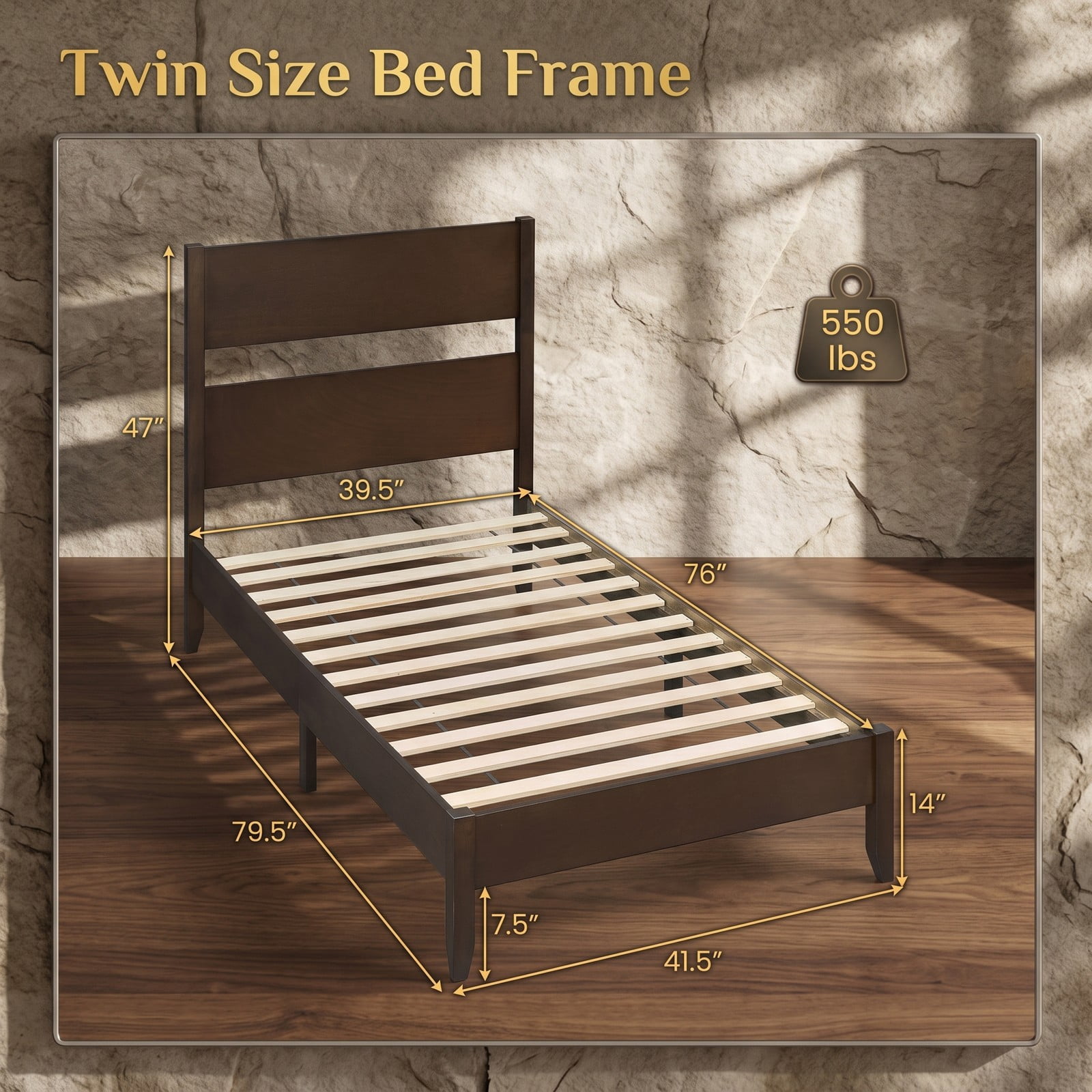 Furnibear Twin Bed Frame Wood Platform Bed with Plank Headboard Solid Wood Legs and 12 Slats for Bedroom and Guest Room, Warm Brown
