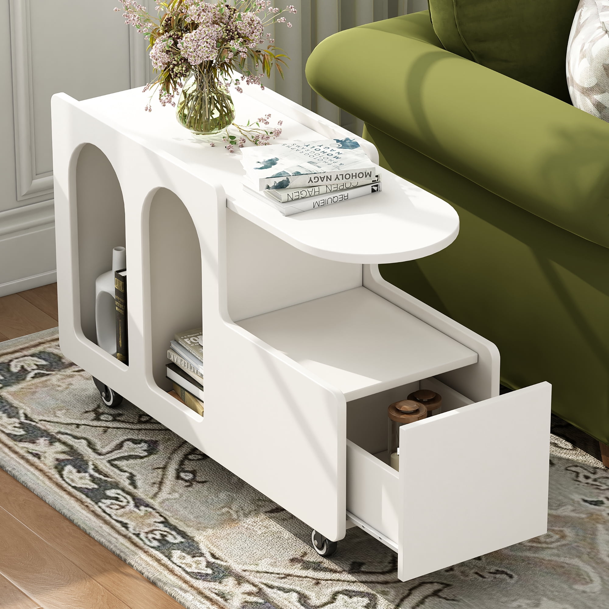 AENKYO Mobile End Table with lockable wheels, Cream Style Side Table with Storage Drawer, 11.8inch Narrow Nightstand with Multi-layer Storage for Living Room,White