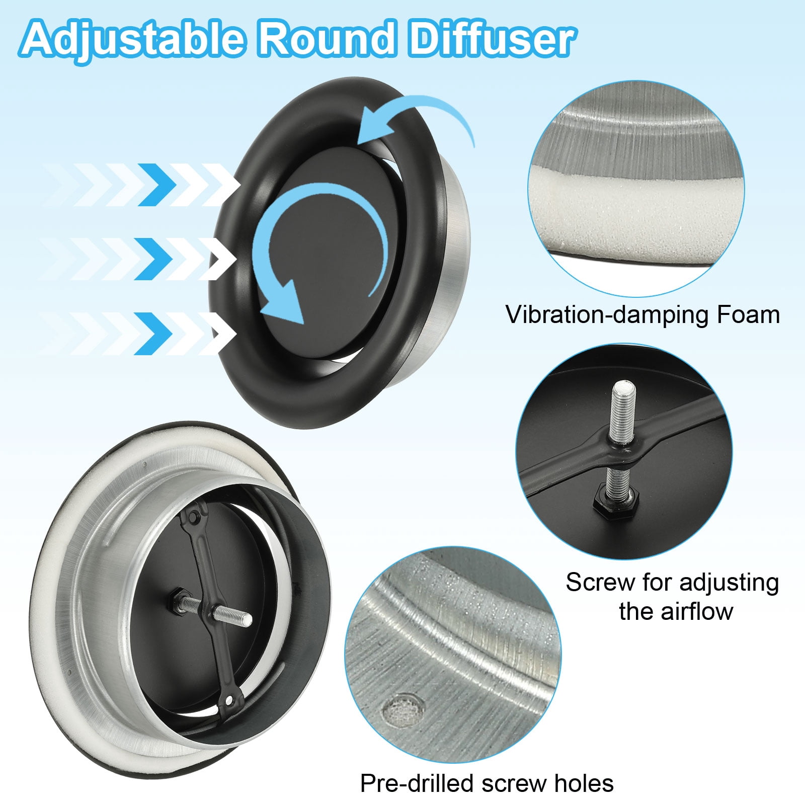 Uxcell Round Ceiling Diffuser, Metal Adjustable Wall Air Vent Diffuser Vent Duct Cover Exhaust Supply 6 Inch Black