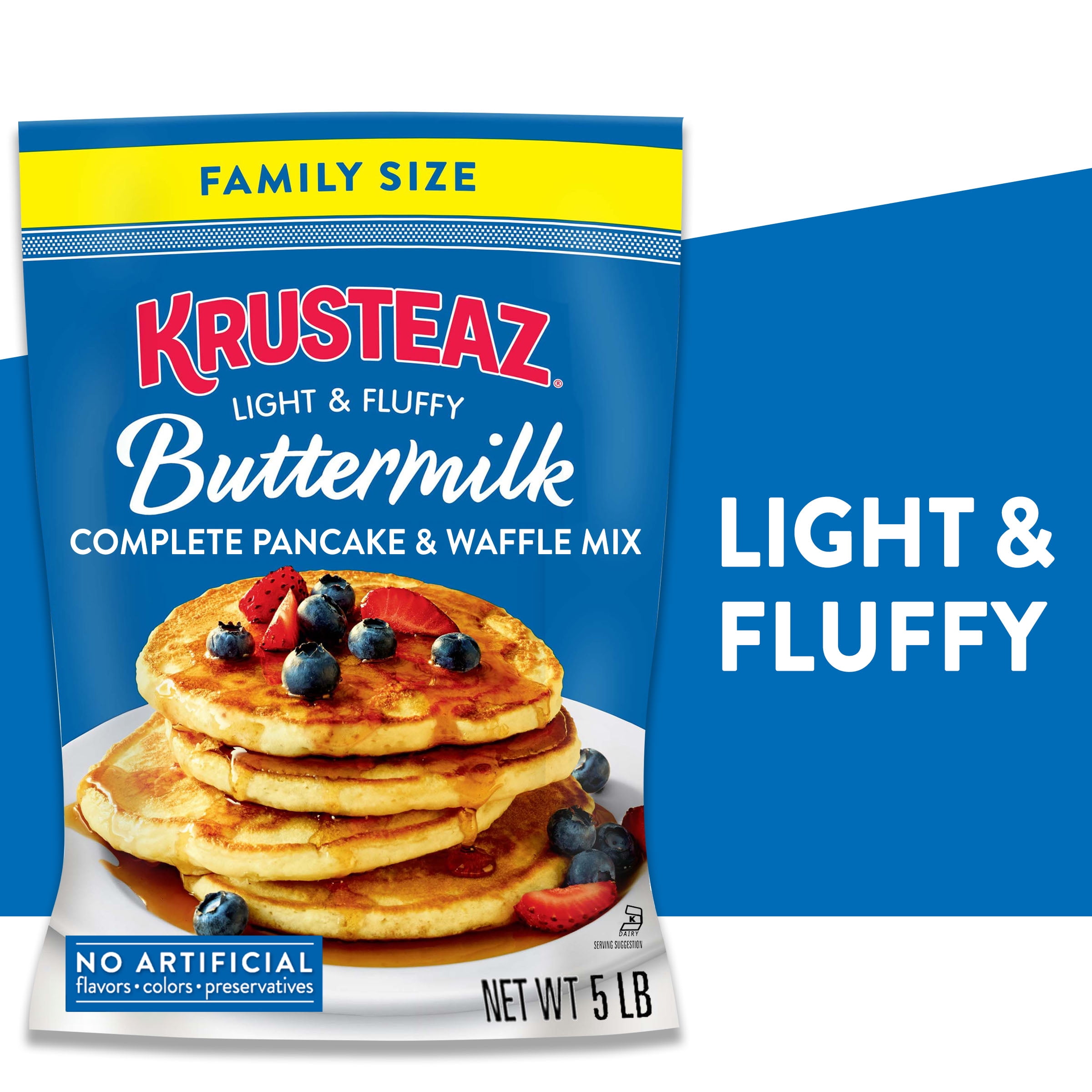 (4 pack) Krusteaz Complete Buttermilk Pancake and Waffle Mix, Light & Fluffy, 5 lb Bag
