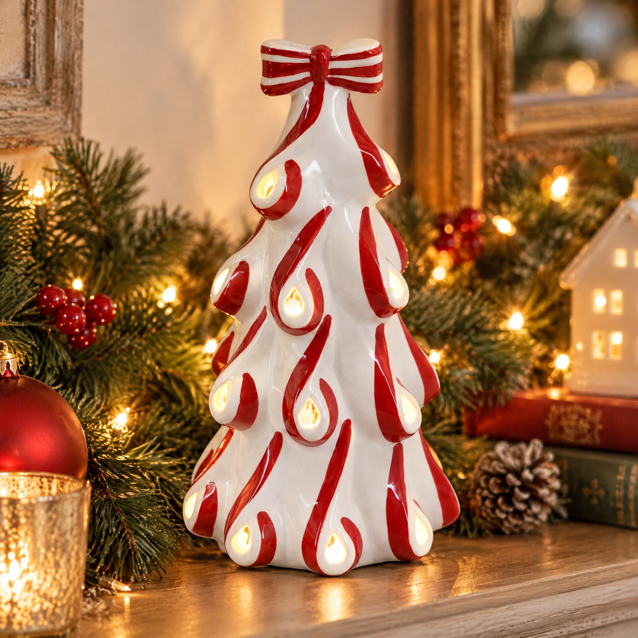 Light-Up Ceramic Christmas Tree Decoration, Red and White, 9", by Holiday Time