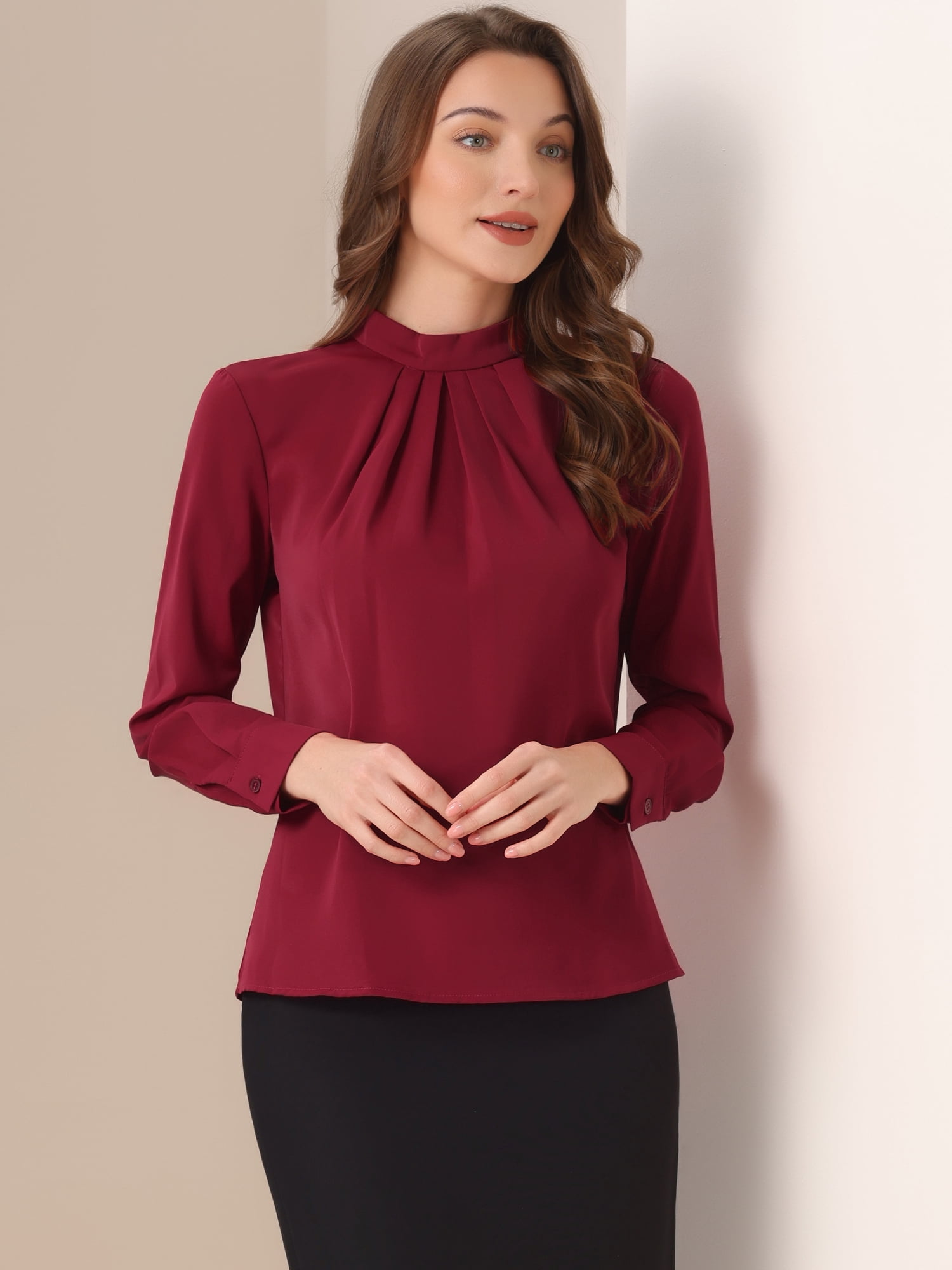 DARING DIVA Chiffon Blouse for Women's Long Sleeve Work Shirt M Dark Red