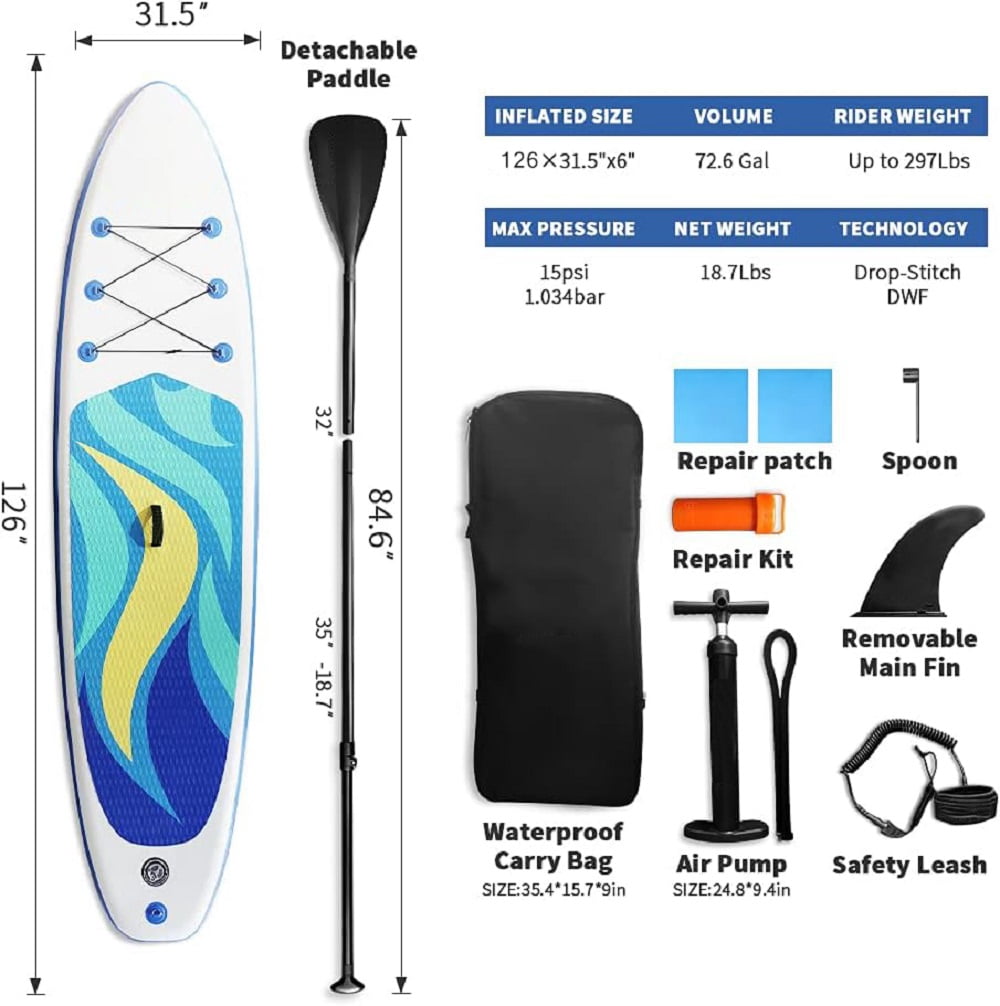 Syngar Inflatable Stand Up Paddle Board, Extra Wide Thick SUP Board with Premium Sup Accessories & Backpack, Non-Slip Deck, Leash, Adjustable Paddle, Hand Pump, Bottom Fin for Youth & Adult