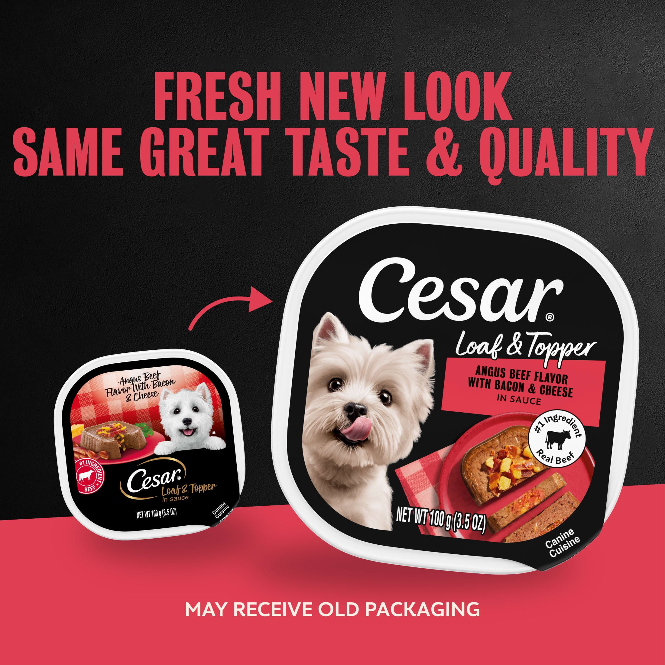 (24 pack) Cesar Loaf & Topper Angus Beef Flavor With Bacon & Cheese Wet Dog Food, 3.5 Oz Tray