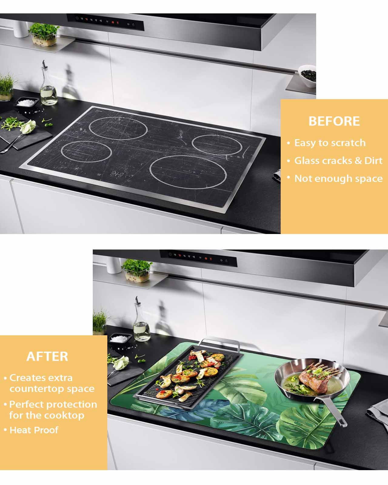 nqOlkjepod Large Induction Cooktop Protector Mat 24"x21", Tropical Leaves Stove Top Covers for Electric Stove, Country Summer Botanical Green Plants Stove Burner Cover Mats, Glass Top Stove Cover