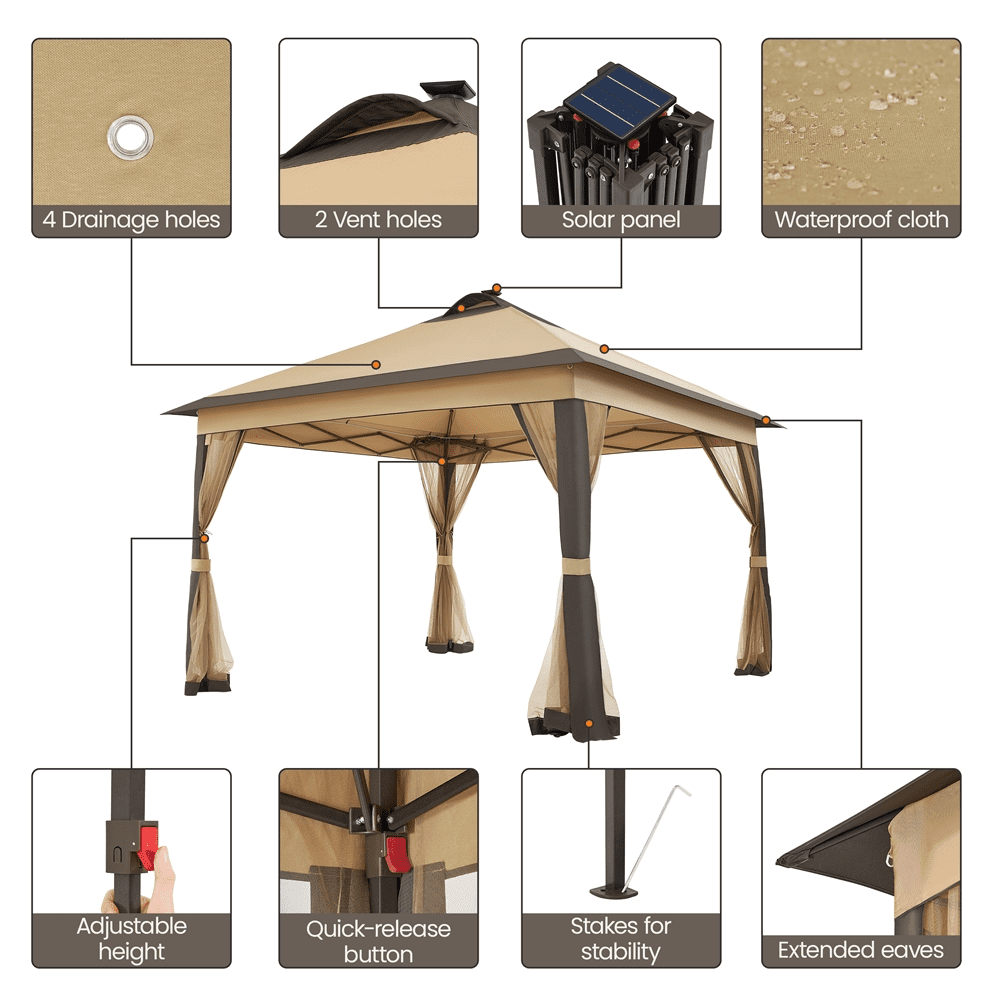 Alden Design Pop-Up Canopy Metal Frame Outdoor Gazebo with Double Tiers and Mesh Netting Solar LED Lights for Weddings Patio Garden Khaki/Brown