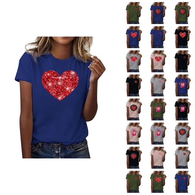 T-shirts de la Saint-Valentin pour Femmes 2026 Mode Manches Courtes Col Rond Cœur Graphique